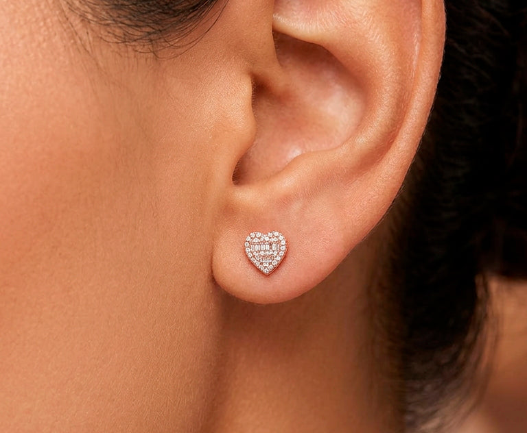 10K Gold Diamond Heart Stud Earrings with Baguette & Round Pavé 0.66ct