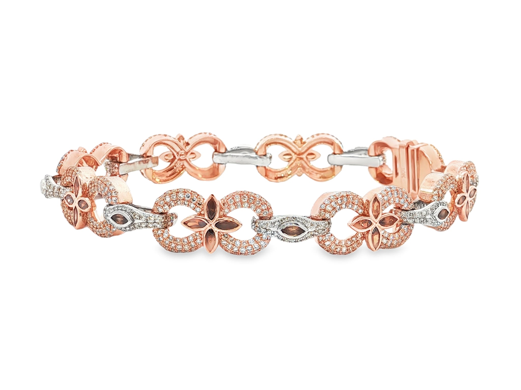 10K Gold Diamond Floral Link Bracelet with Marquise Accents & Pavé Design 3.5ct
