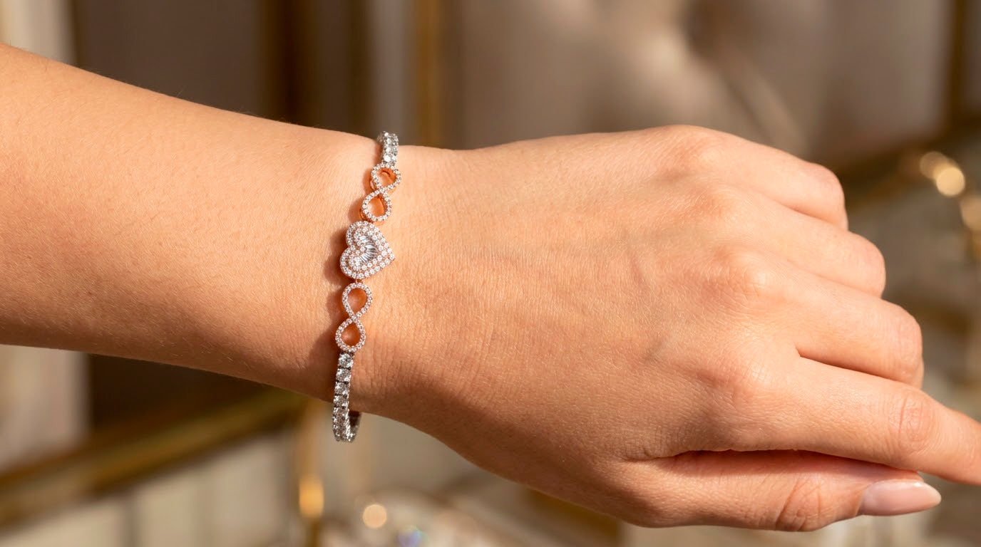 10K Gold Diamond Heart Infinity Tennis Bracelet 2.15ct