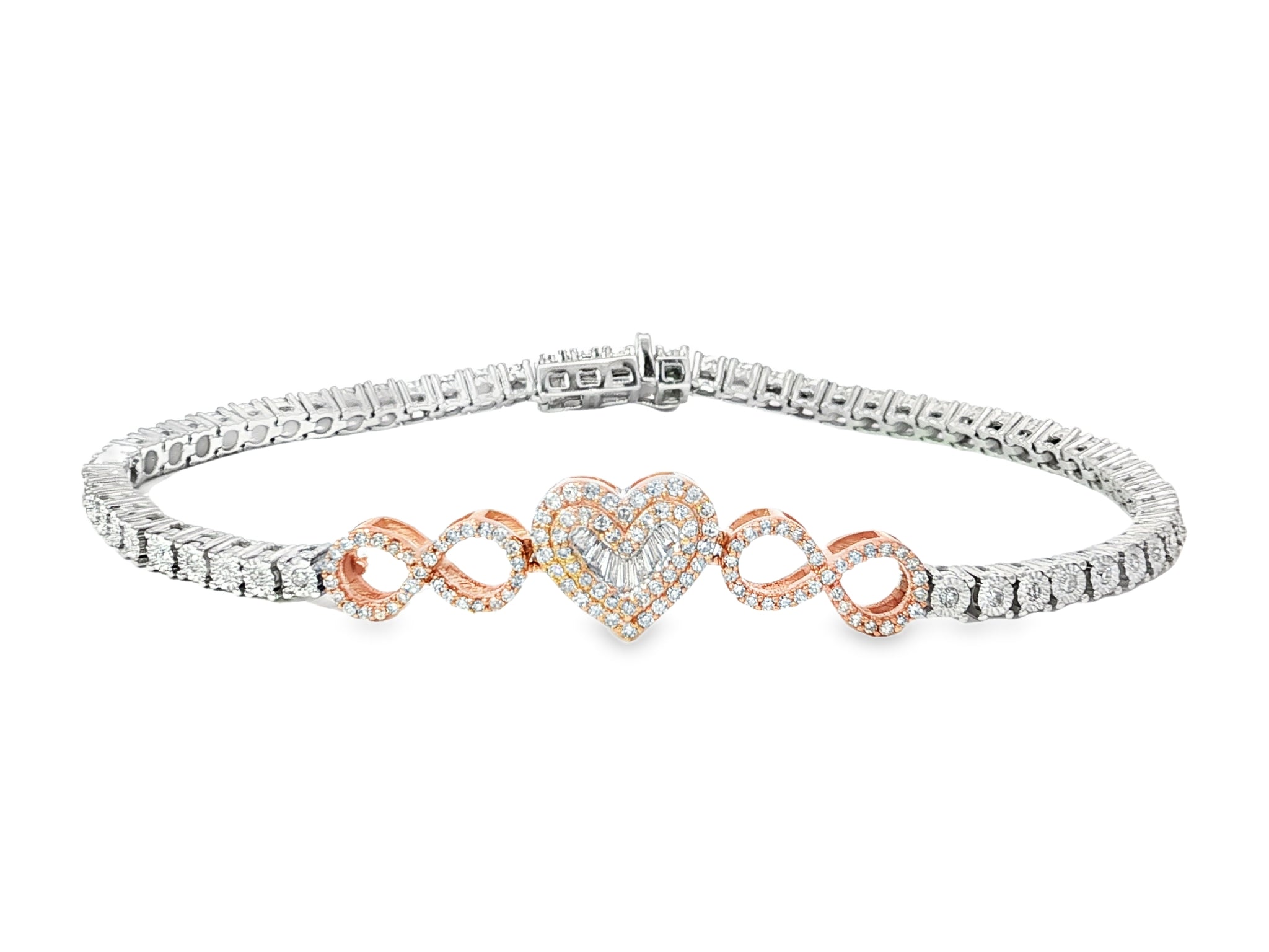 10K Gold Diamond Heart Infinity Tennis Bracelet 2.15ct