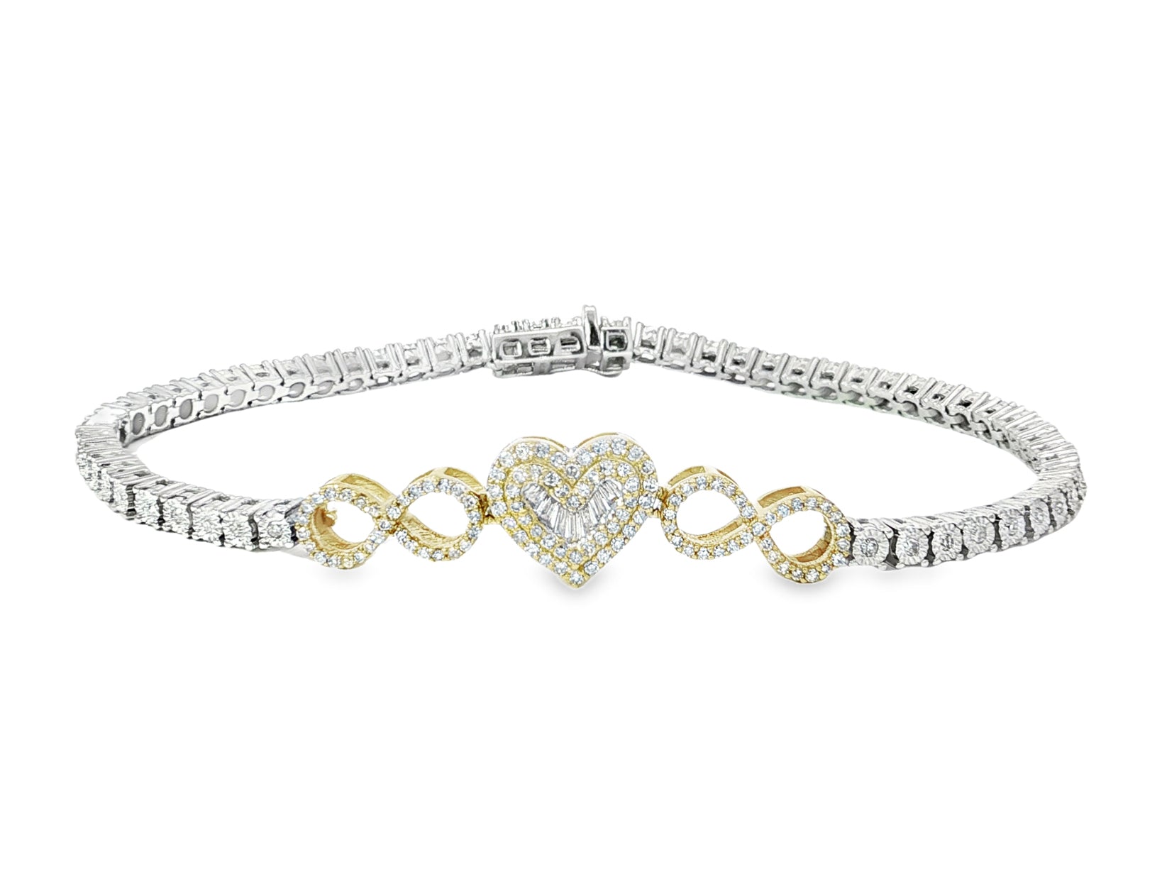 10K Gold Diamond Heart Infinity Tennis Bracelet 2.15ct