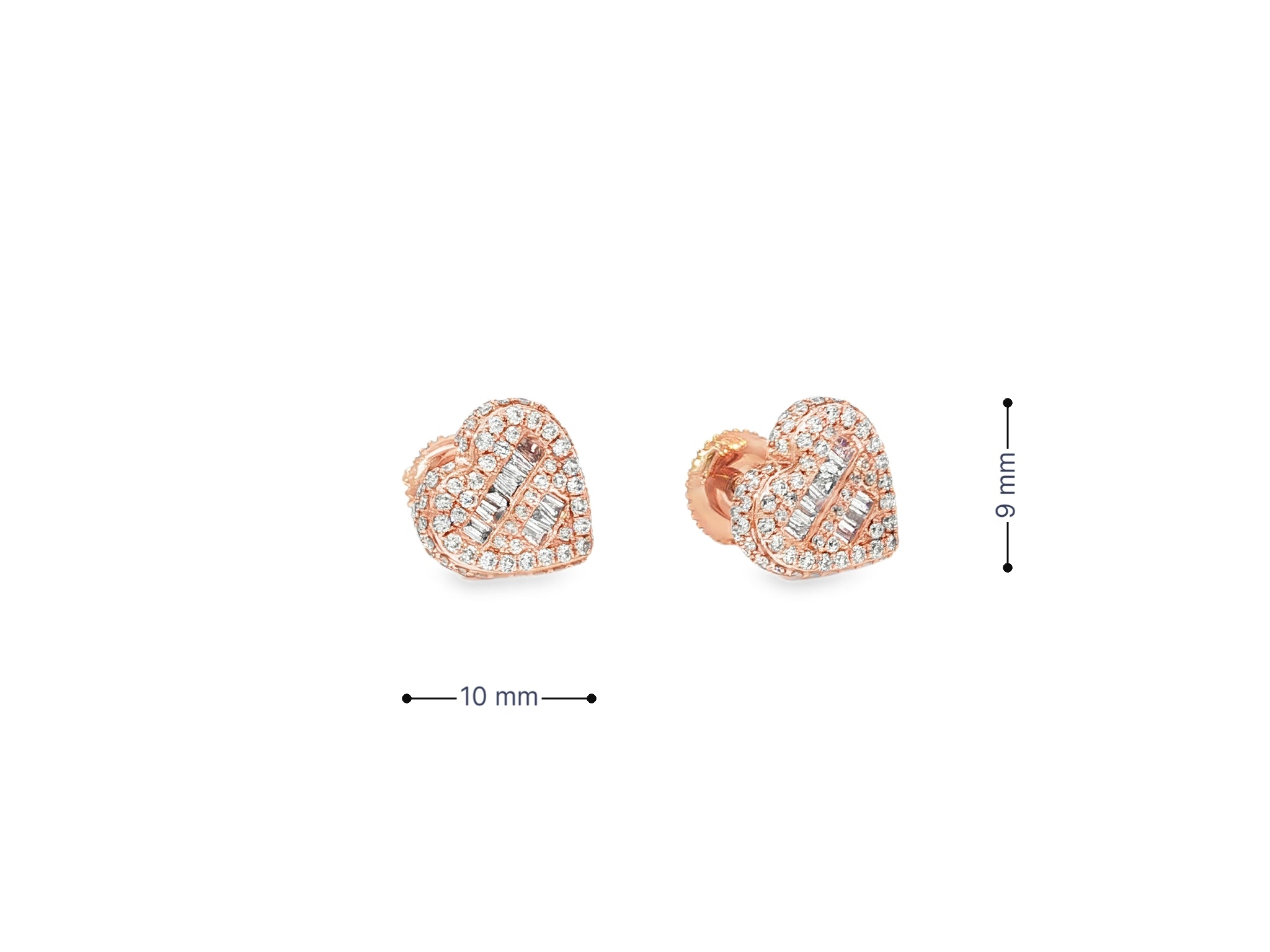 10K Gold Diamond Heart Stud Earrings with Baguette & Round Pavé 0.66ct