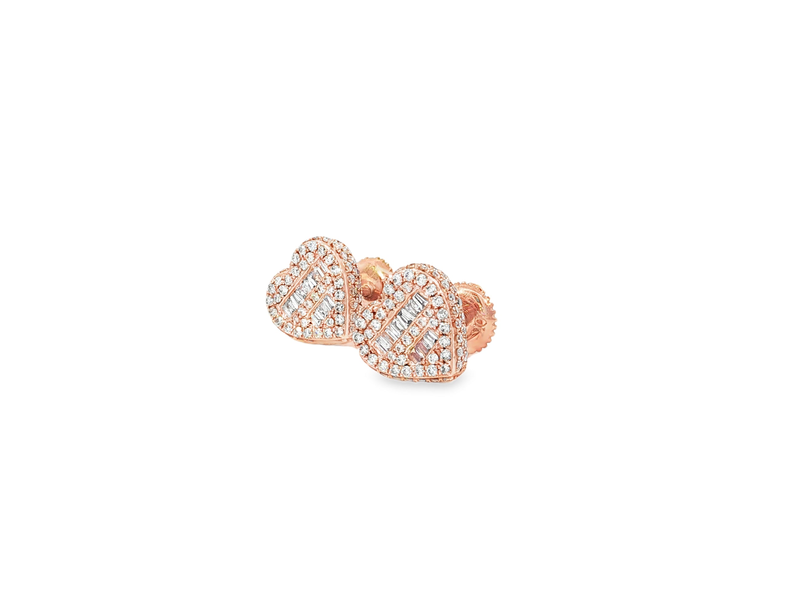 10K Gold Diamond Heart Stud Earrings with Baguette & Round Pavé 0.66ct