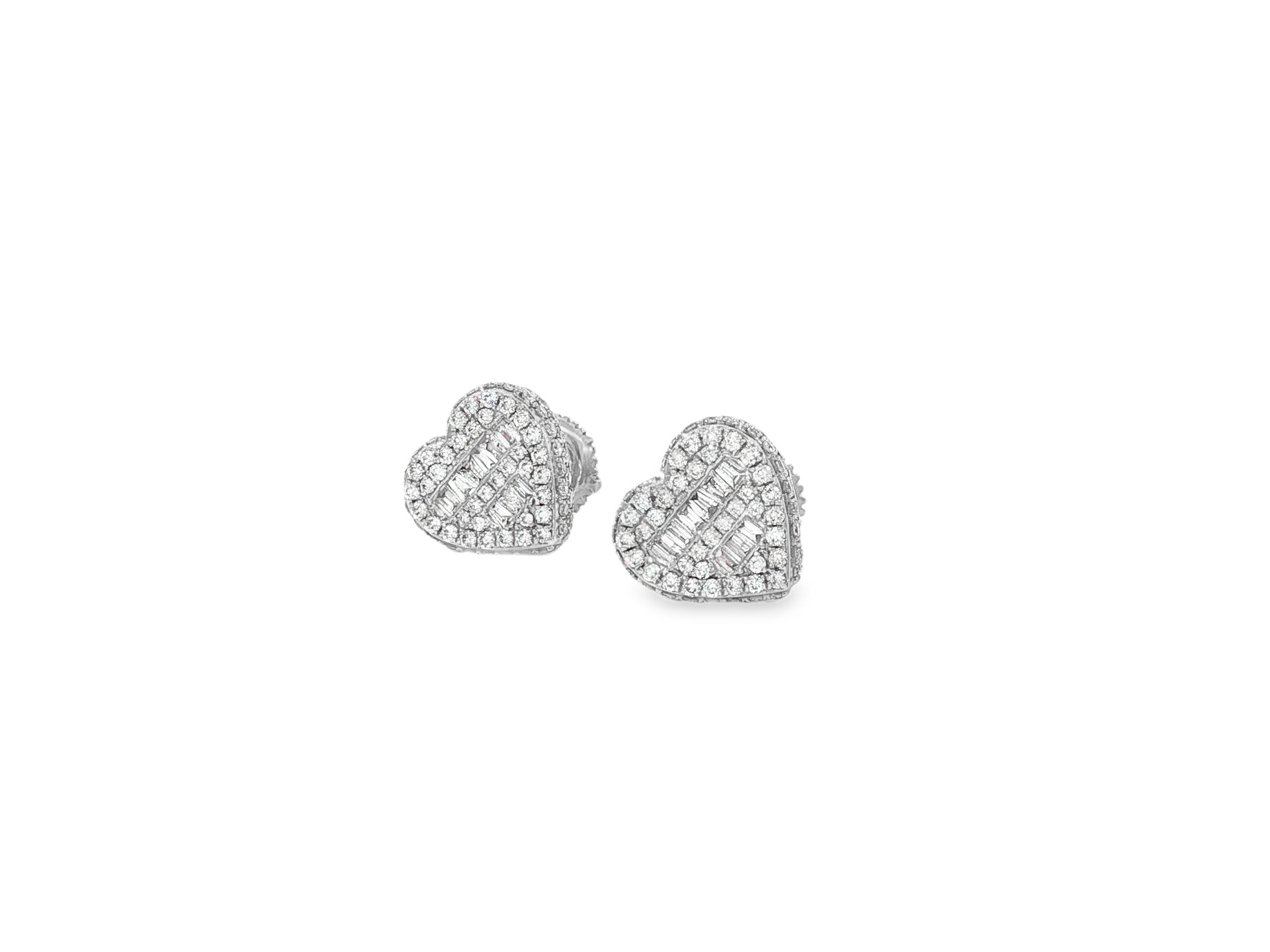 10K Gold Diamond Heart Stud Earrings with Baguette & Round Pavé 0.66ct