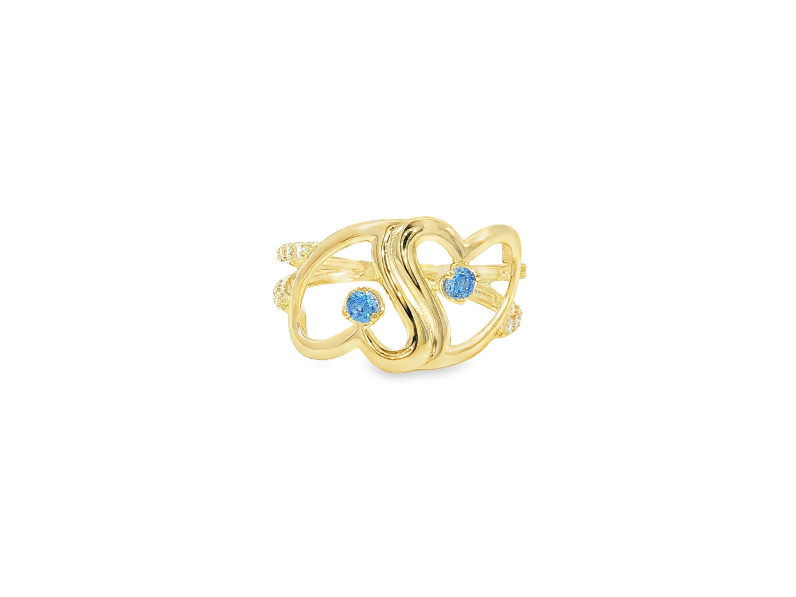10K Gold Double Open Heart Ring with Blue & White Cubic Zirconia
