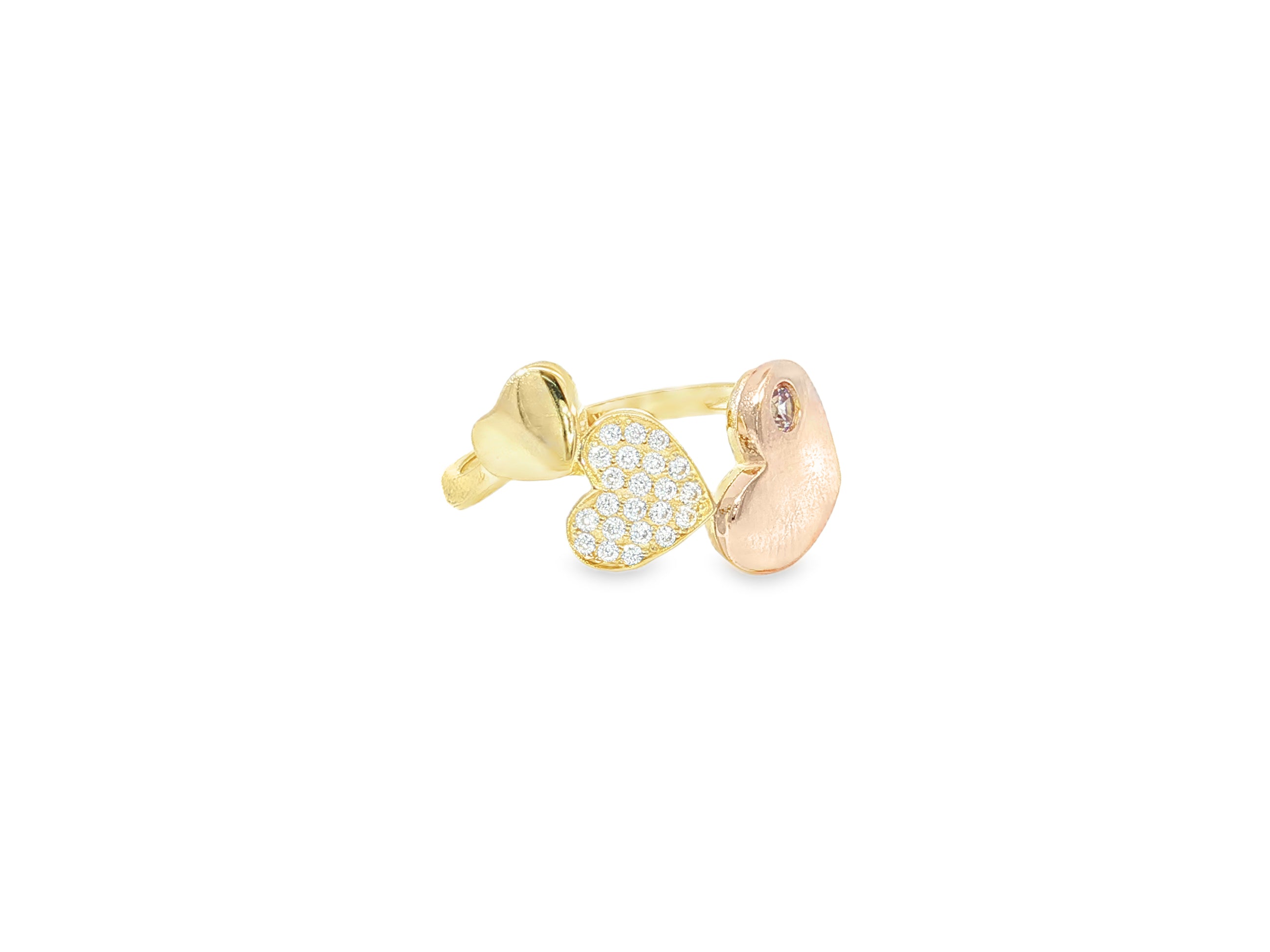 10K Two-Tone Gold Three Heart Ring with Zirconia Accents