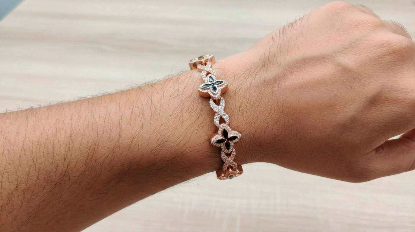 10K Gold Men’s Floral Link Bracelet with Black Ruby & Diamond Pavé 3.75 CT