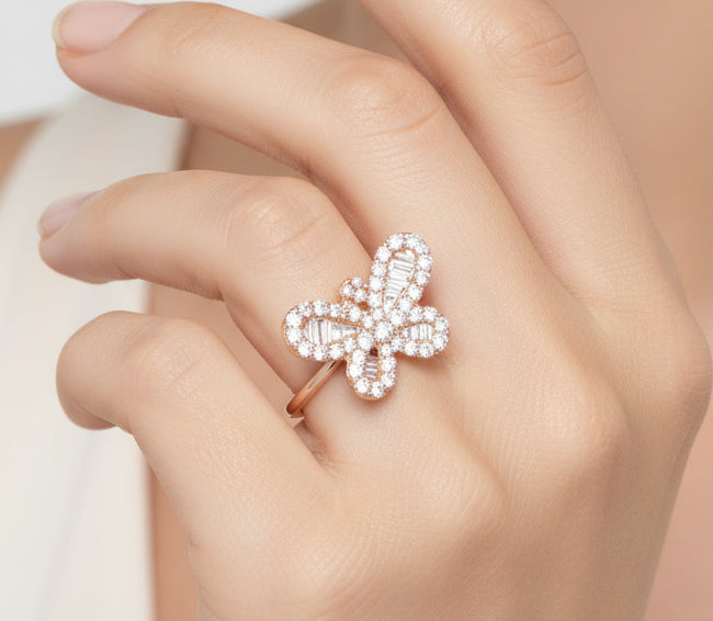 10k Gold Butterfly-Design Ring with Round and Baguette Diamonds 0.75ct