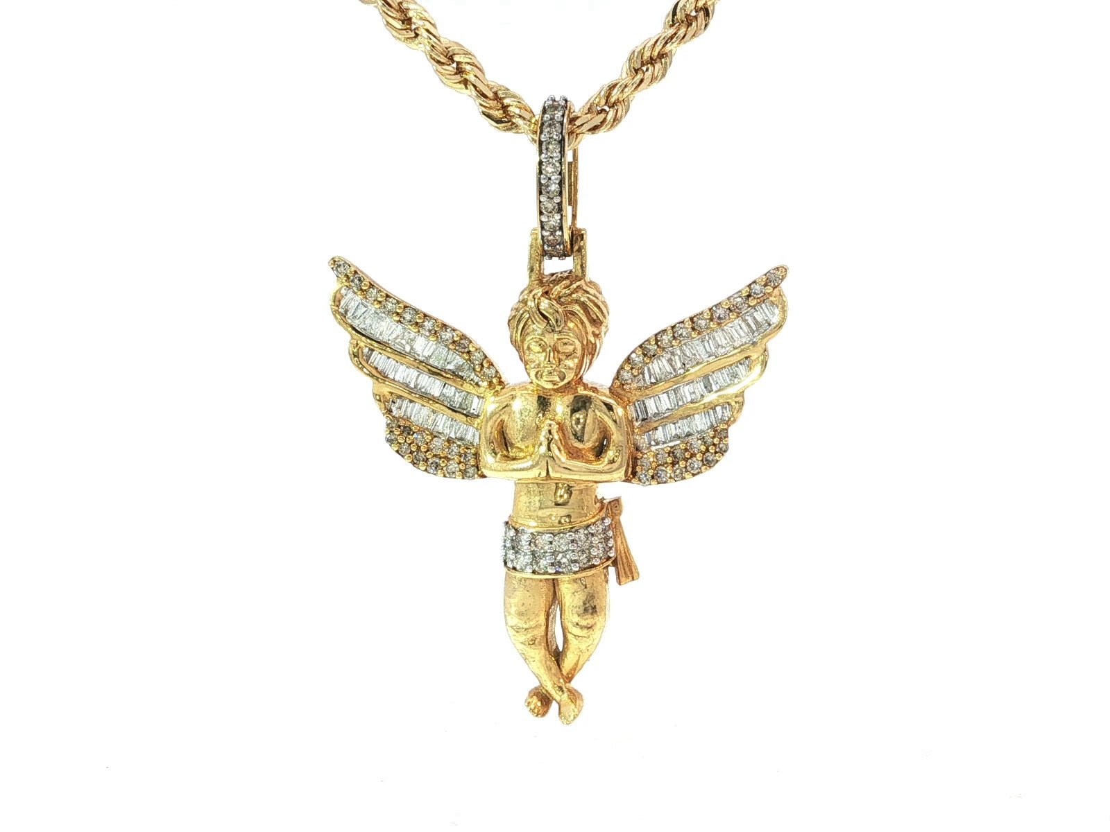 10k Gold Diamond Angel Pendant with Baguette & Round Diamond Wings 1.20ct - AVI THE JEWELER