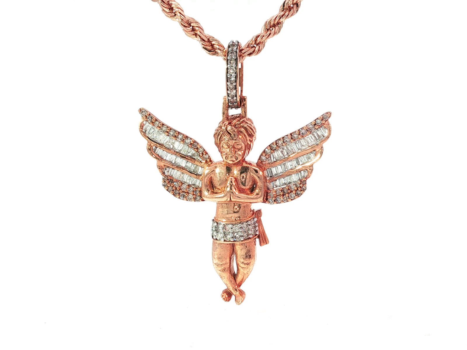 10k Gold Diamond Angel Pendant with Baguette & Round Diamond Wings 1.20ct - AVI THE JEWELER