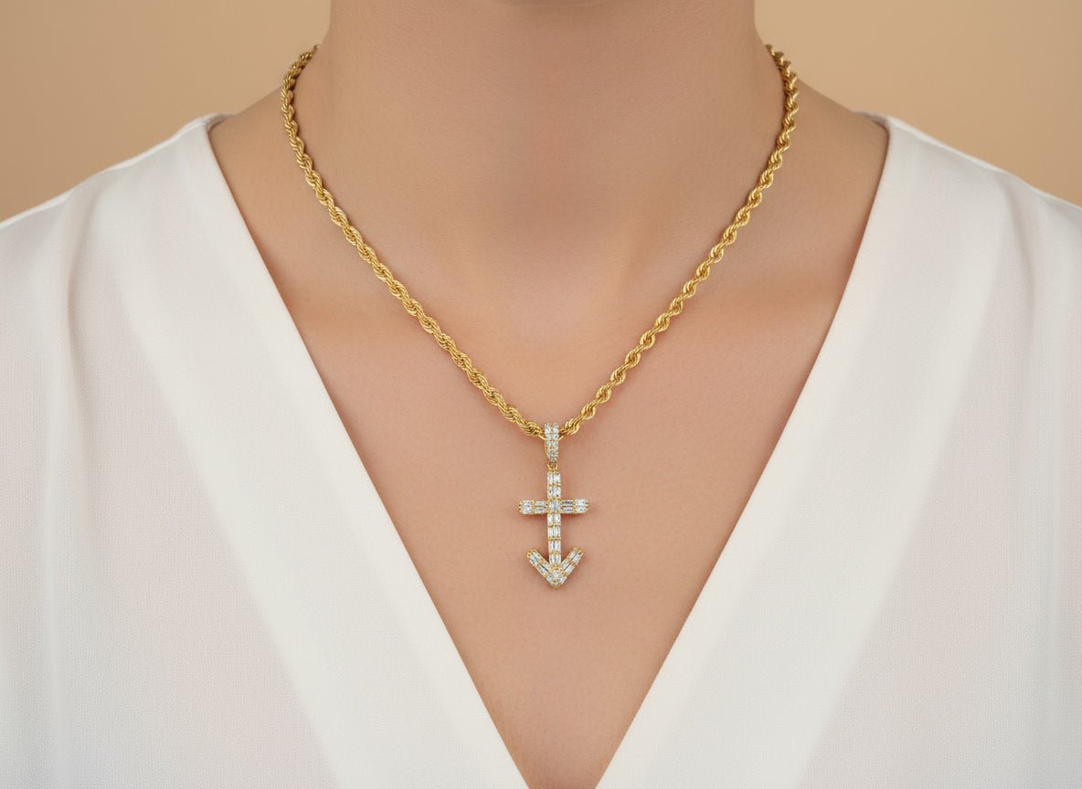 10k Gold Diamond Arrow Cross Pendant with Round & Baguette Accents 0.70ct - AVI THE JEWELER