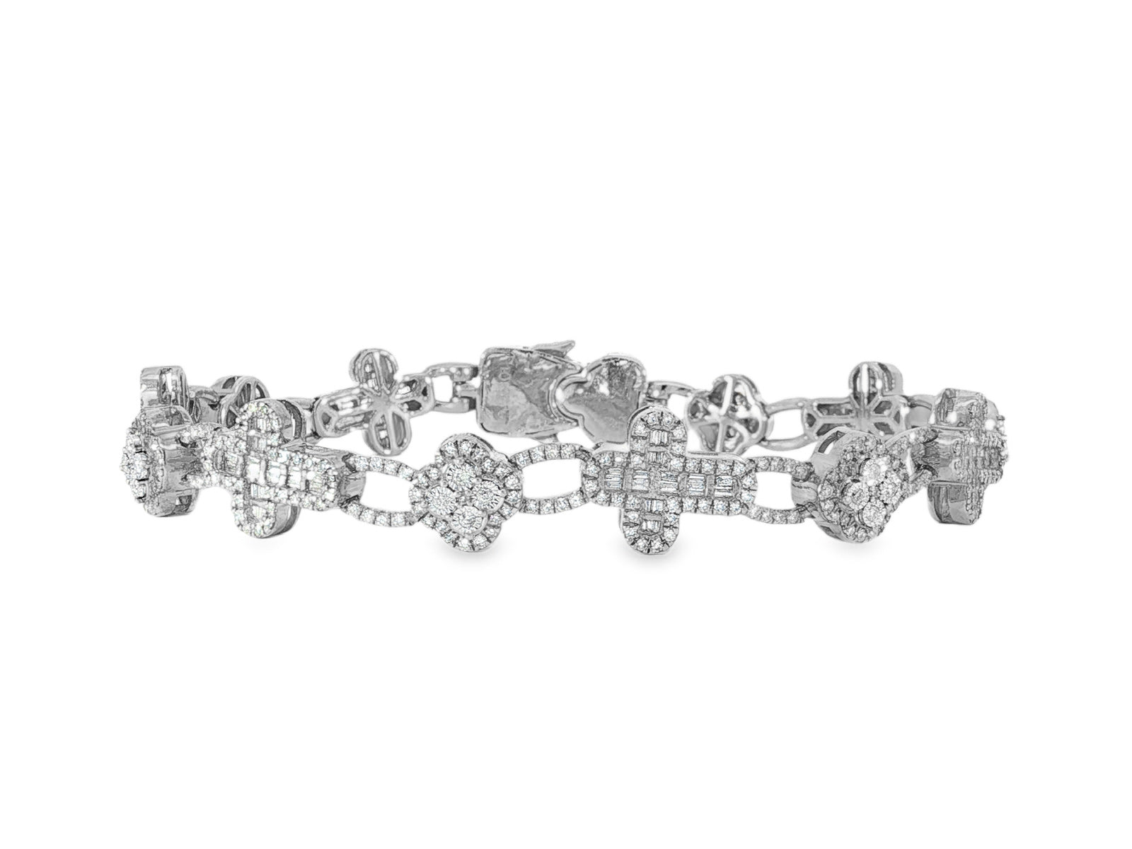 10k Gold Diamond Bracelet with Clover & Cross Round - Cut Cluster Design 4.00ct - AVI THE JEWELER