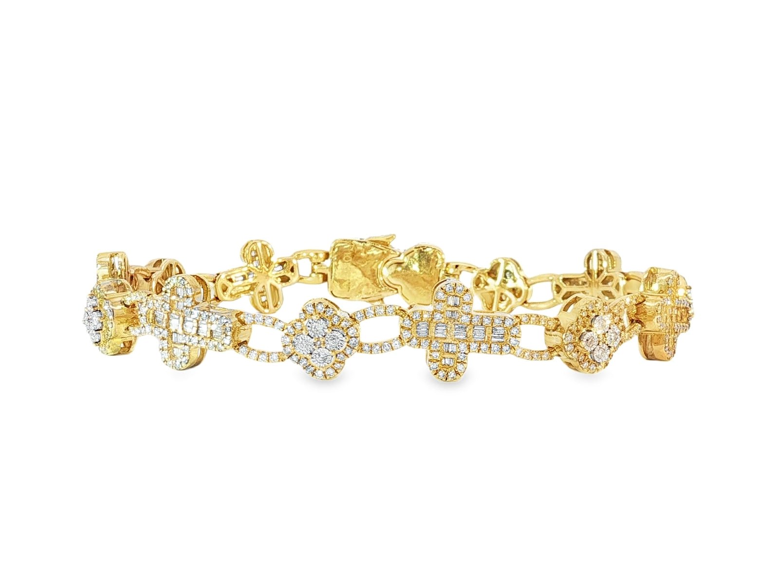 10k Gold Diamond Bracelet with Clover & Cross Round - Cut Cluster Design 4.00ct - AVI THE JEWELER