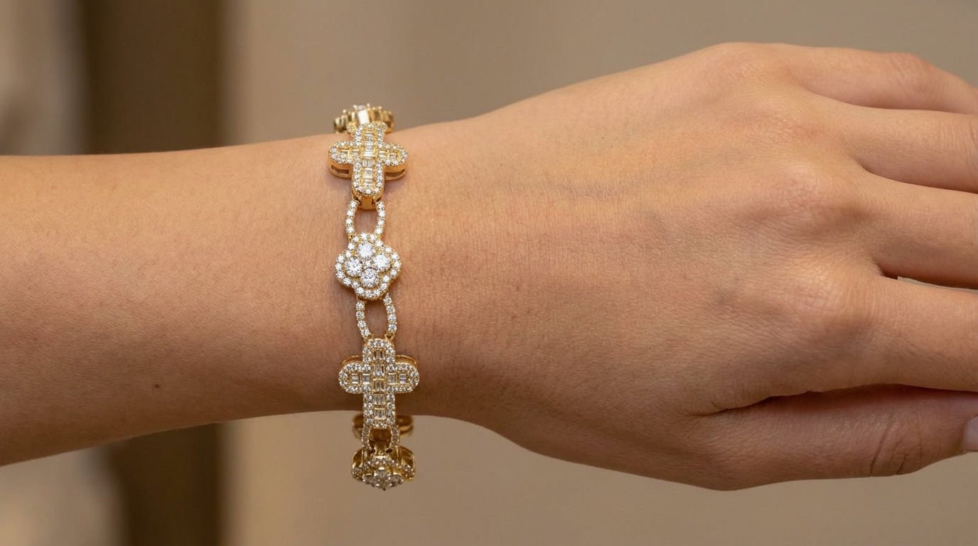 10k Gold Diamond Bracelet with Clover & Cross Round - Cut Cluster Design 4.00ct - AVI THE JEWELER