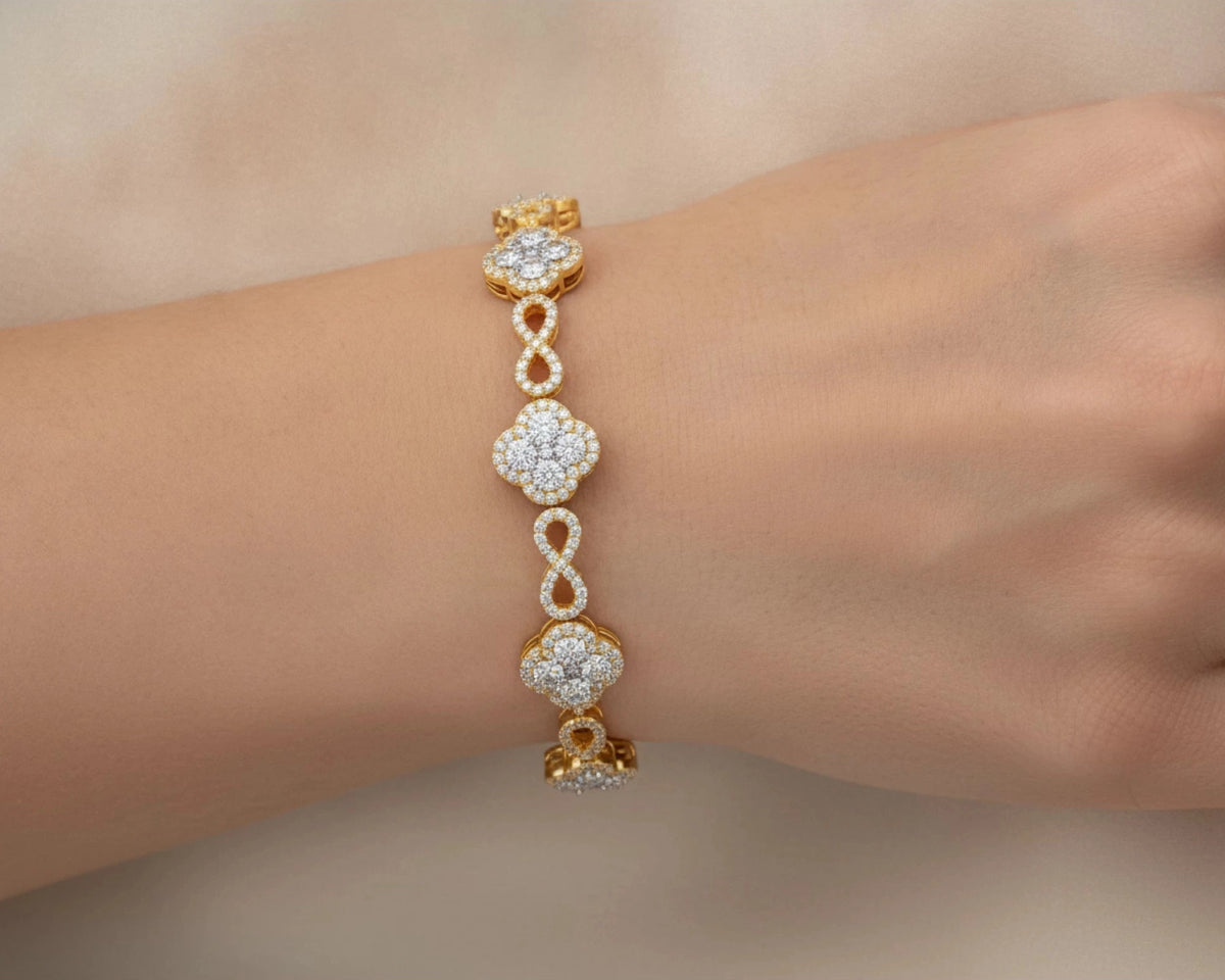 10k Gold Diamond Bracelet with Floral Round-Cut Cluster & Infinity-Link Design 1.42ct – lifestyle 4686