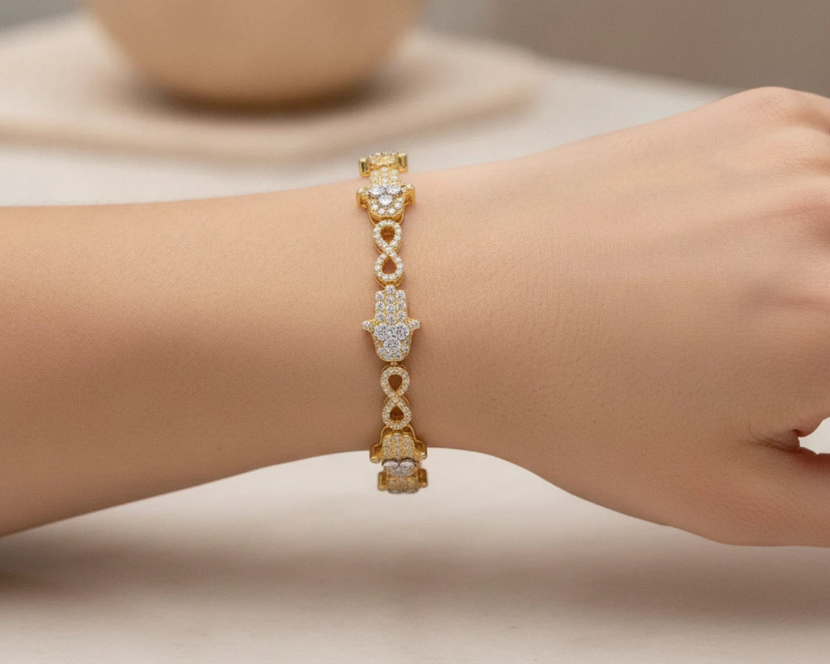 10k Gold Diamond Bracelet with Hamsa & Infinity-Link Round-Cut Design 1.48ct – lifestyle 4034