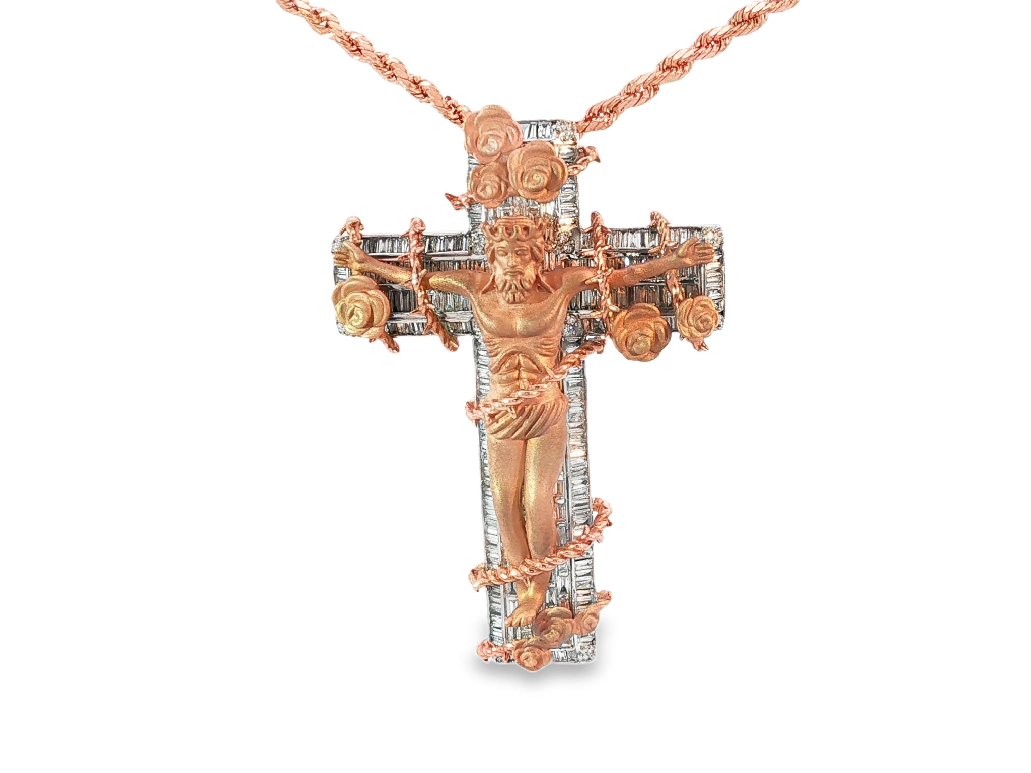10k Gold Diamond Cross Pendant with Jesus & Floral Accents 3.4ct - AVI THE JEWELER