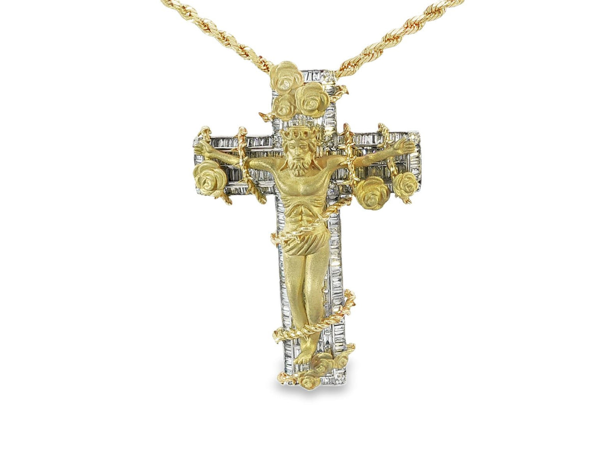 10k Gold Diamond Cross Pendant with Jesus & Floral Accents 3.4ct - AVI THE JEWELER