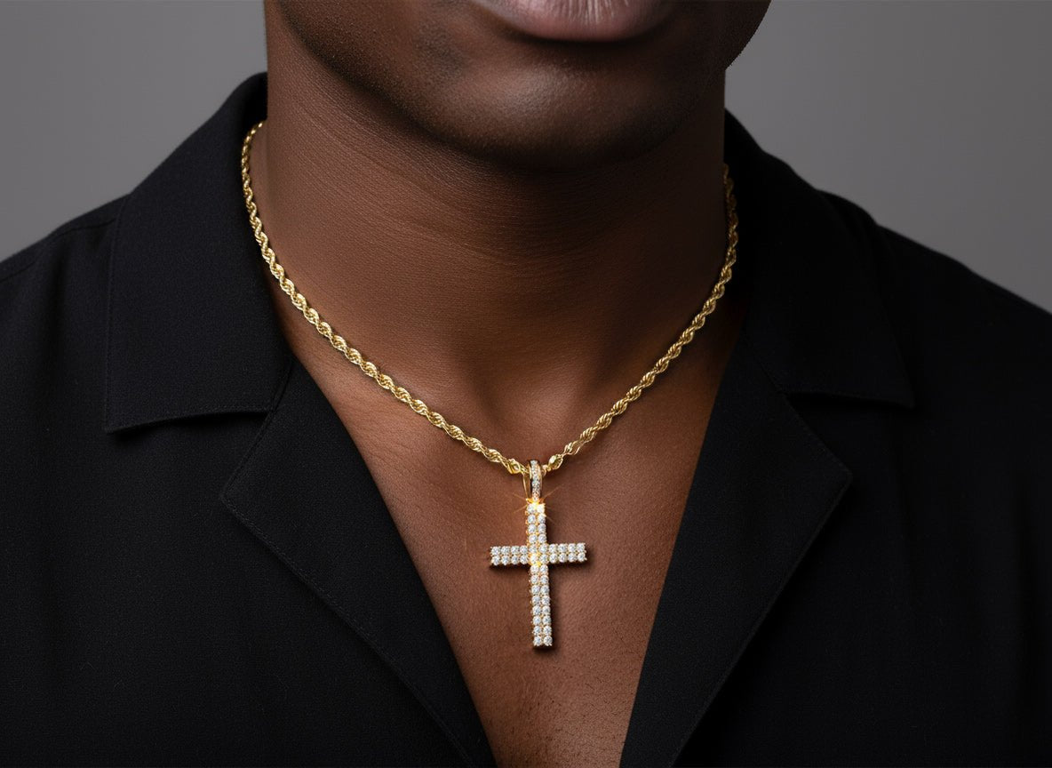 10k Gold Diamond Cross Pendant with Round - Cut Design 3.85ct - AVI THE JEWELER