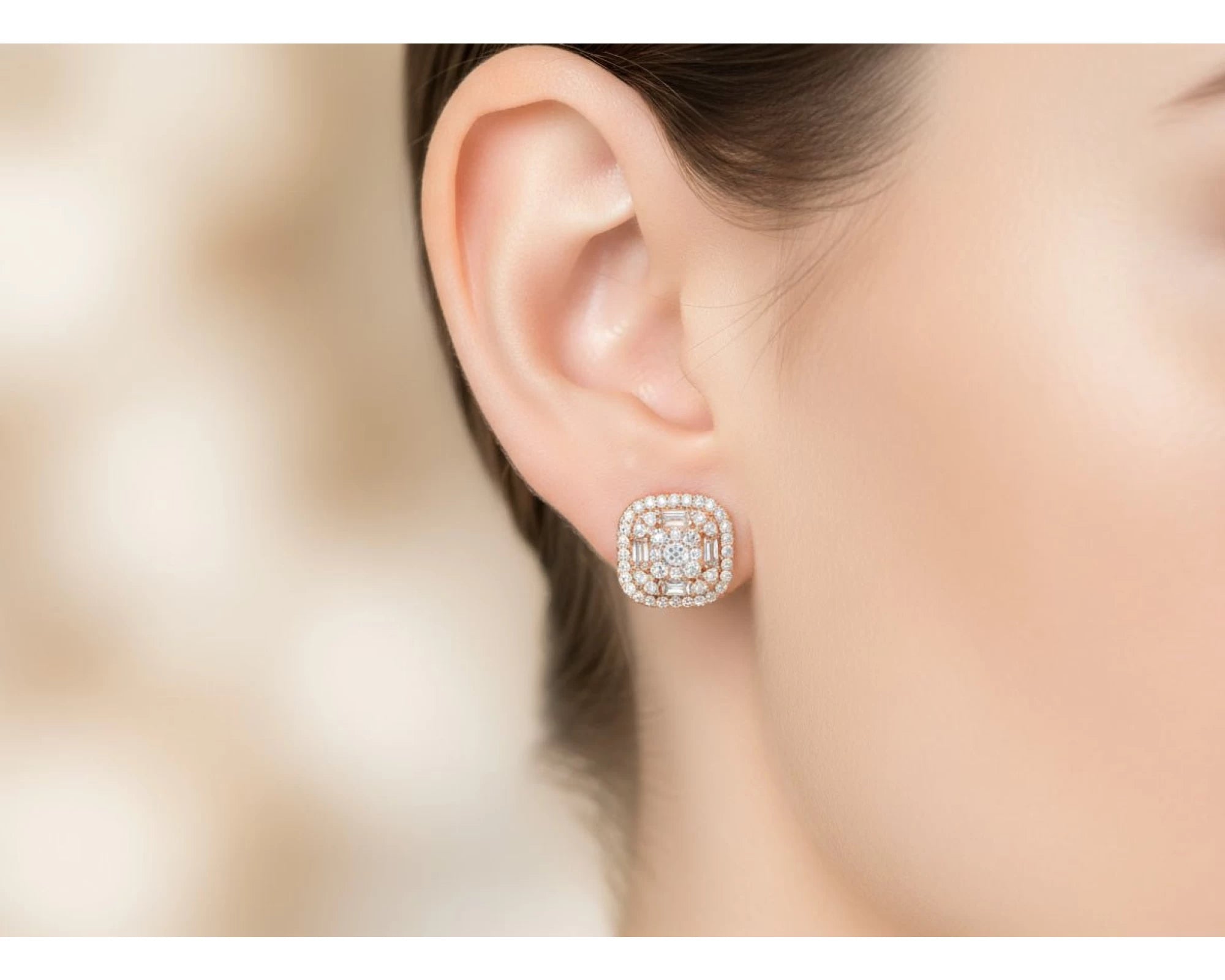 10k Gold Diamond Cushion-Shape Stud Earrings with Round & Baguette Accents 0.60ct – view 2