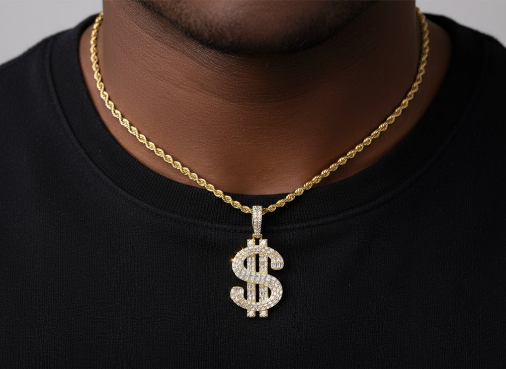10k Gold Diamond Dollar Sign Pendant with Round & Baguette Accents 2.5ct - AVI THE JEWELER