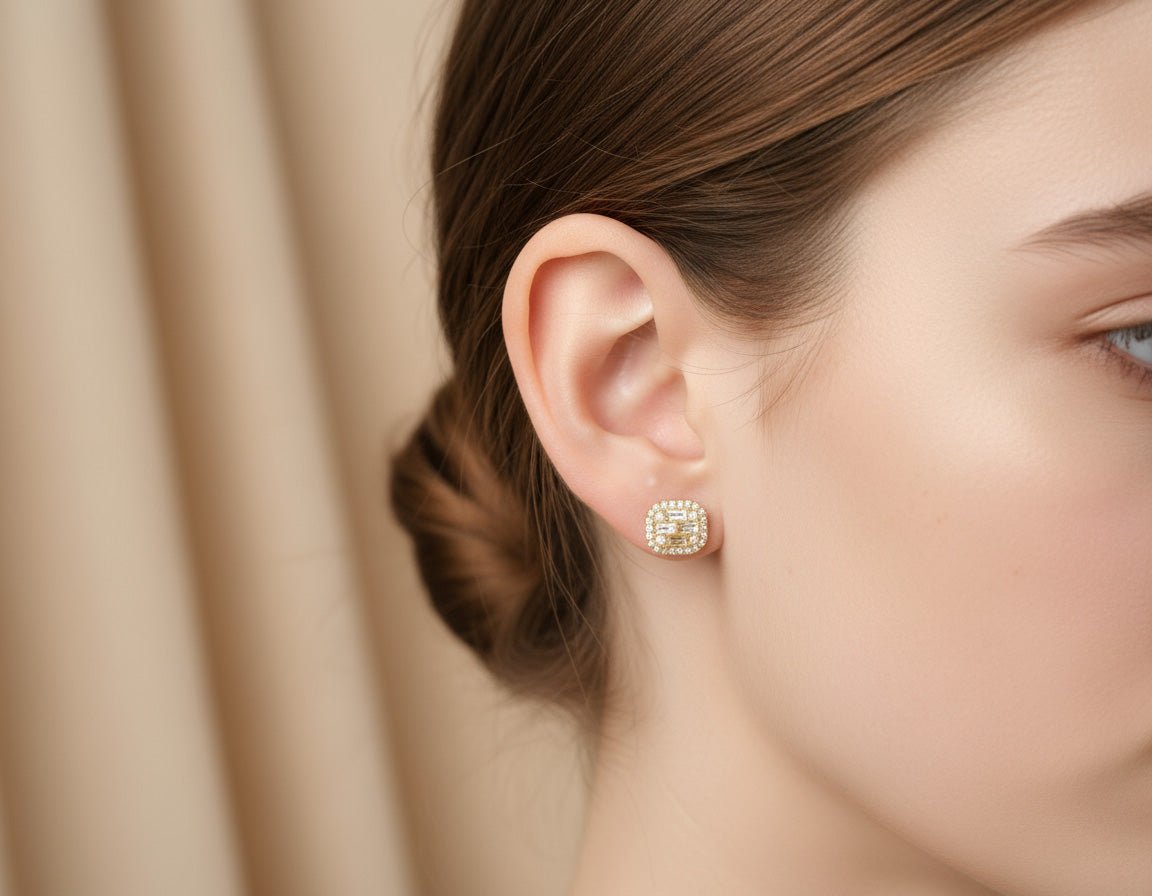 10k Gold Diamond Earrings with Baguette & Round Cluster Cushion Design 0.37ct - AVI THE JEWELER