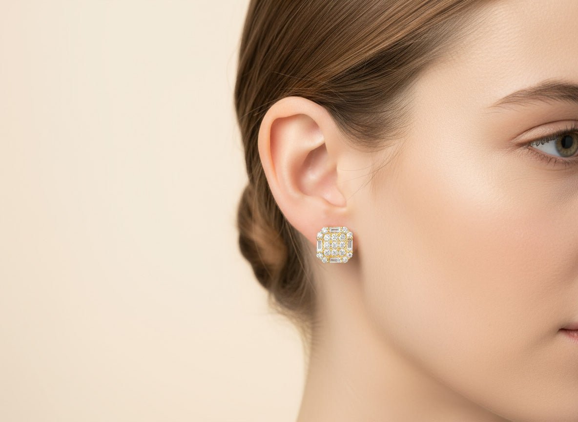 10k Gold Diamond Earrings with Round & Baguette - Cut Geometric Cluster Design 1.05ct - AVI THE JEWELER