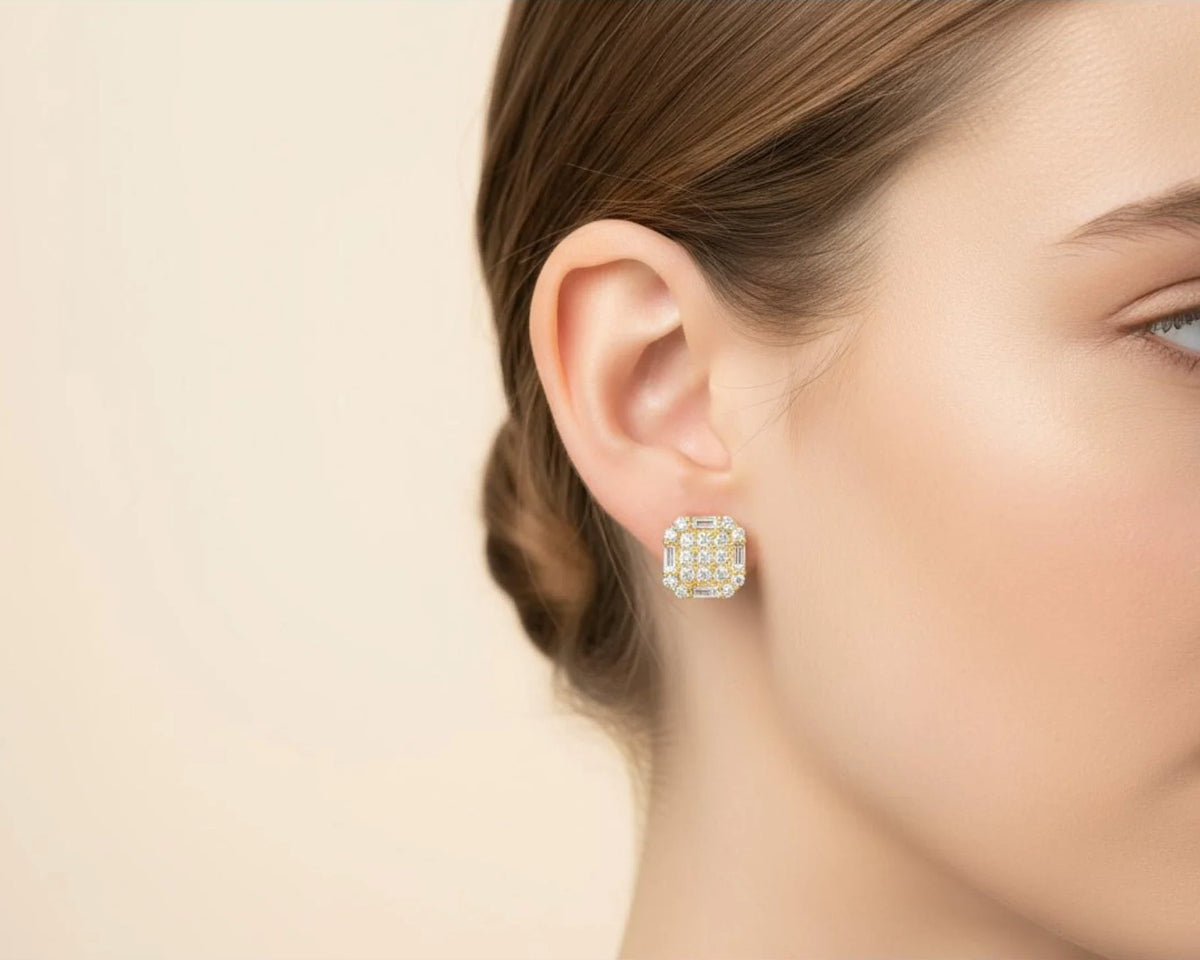 10k Gold Diamond Earrings with Round & Baguette-Cut Geometric Cluster Design 1.05ct – view 2