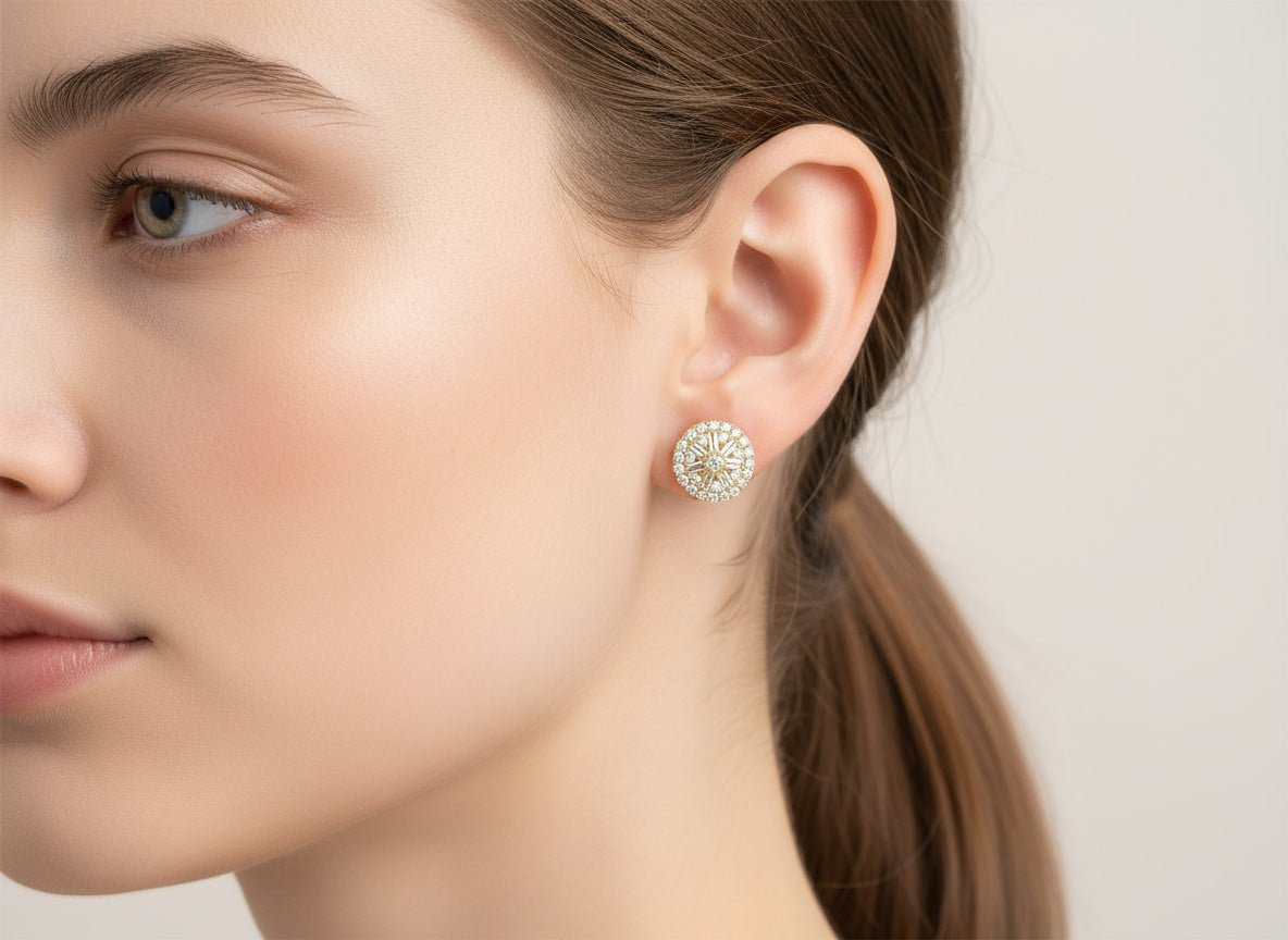 10k Gold Diamond Earrings with Round & Baguette - Cut Radiant Sunburst Design 1.16ct - AVI THE JEWELER