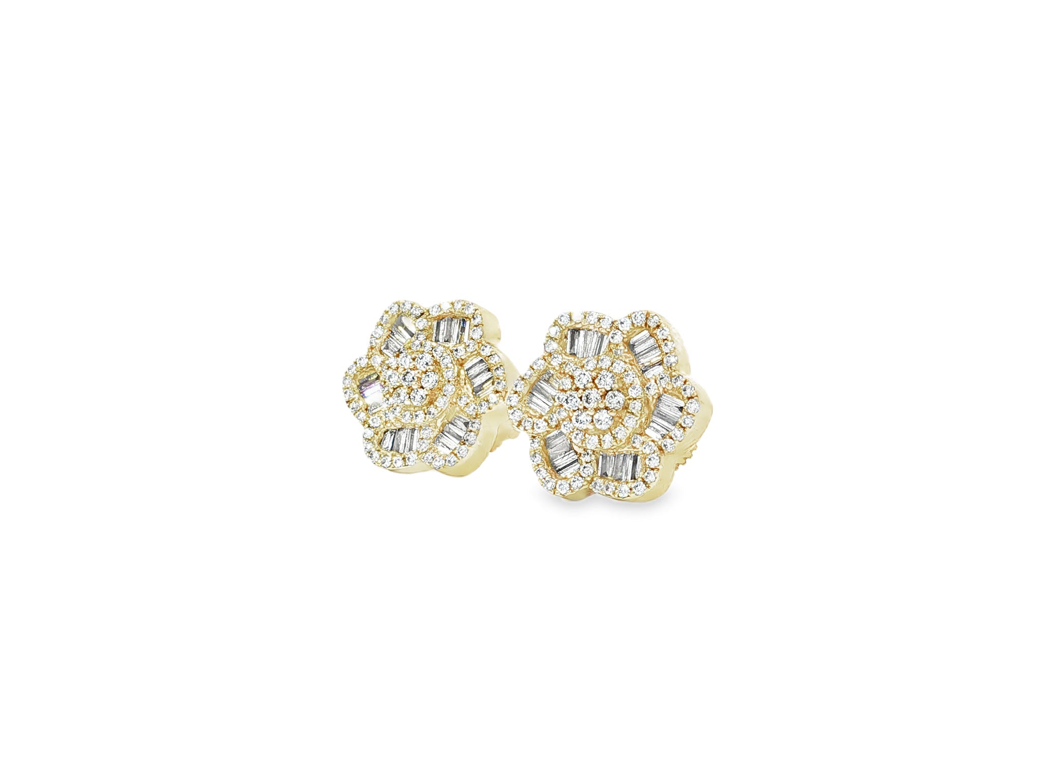10k Gold Diamond Floral Earrings with Round & Baguette Accents 0.73ct - AVI THE JEWELER