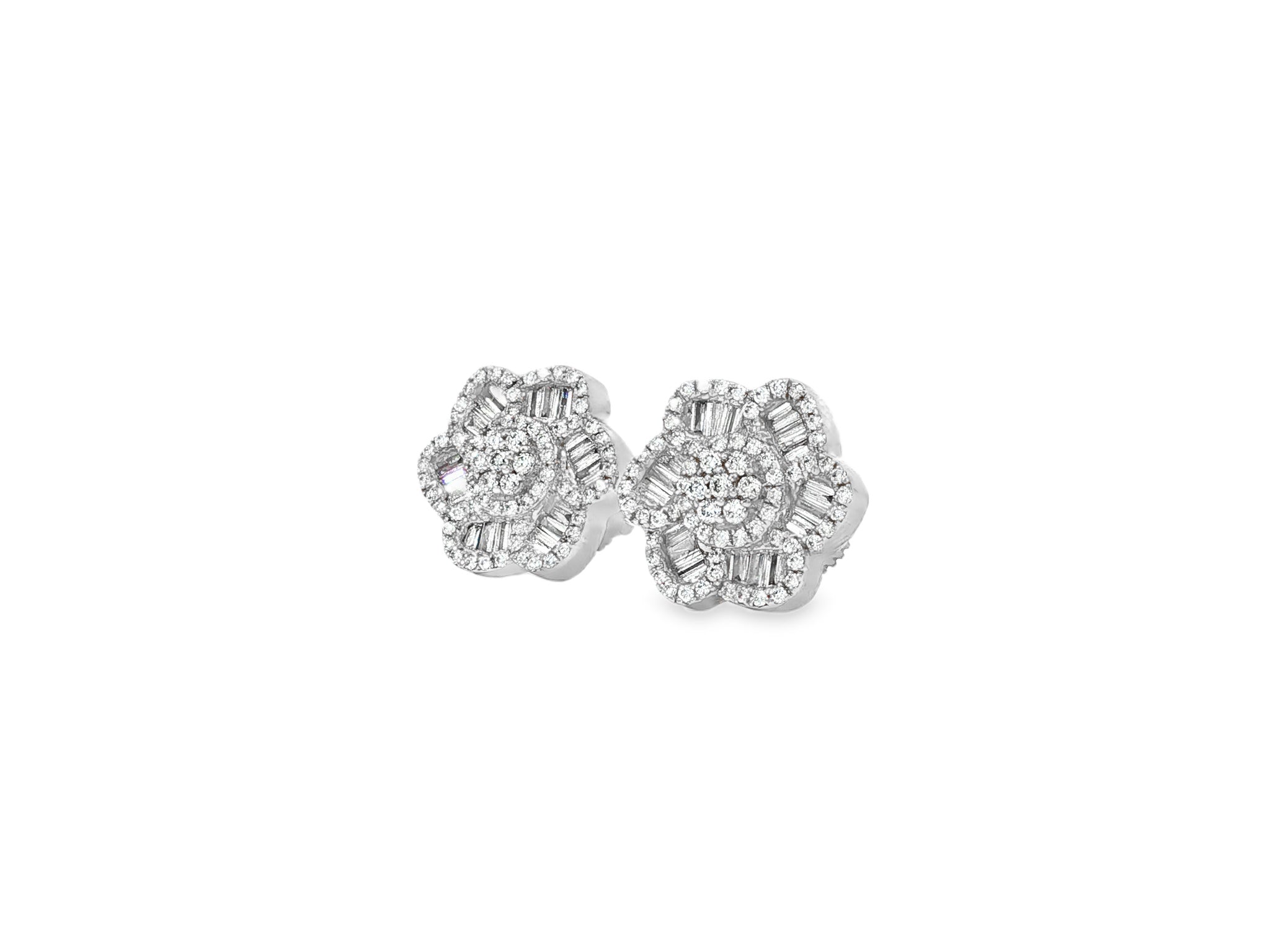 10k Gold Diamond Floral Earrings with Round & Baguette Accents 0.73ct - AVI THE JEWELER