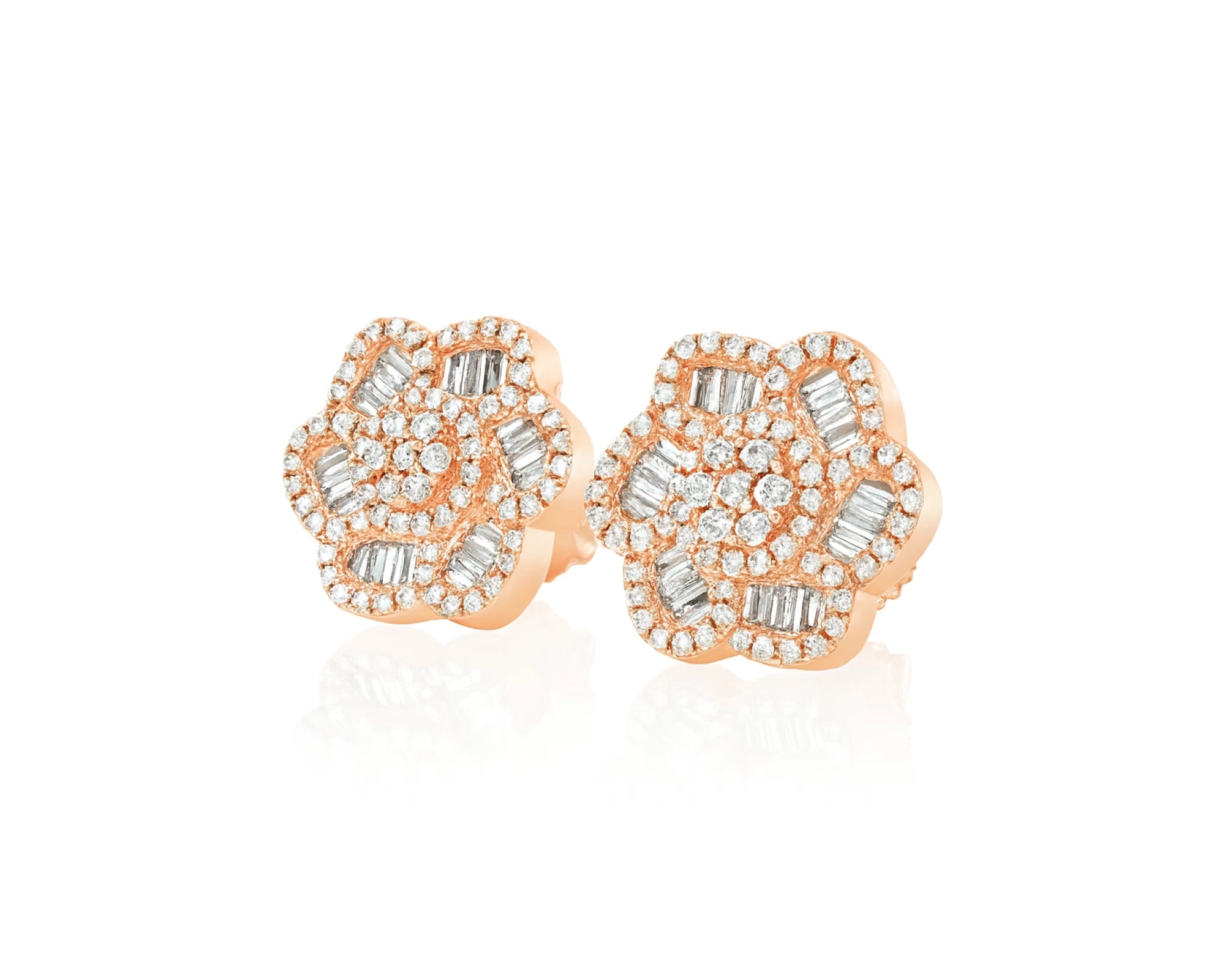 10k Gold Diamond Floral Earrings with Round & Baguette Accents 0.73ct – lifestyle 3957