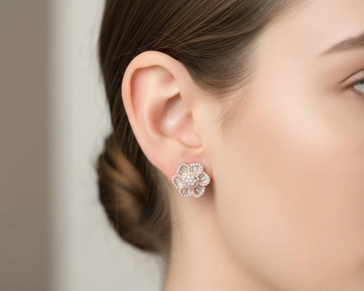 10k Gold Diamond Floral Earrings with Round & Baguette Accents 0.73ct – view 2