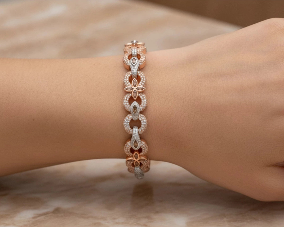10K Gold Diamond Floral Link Bracelet with Marquise Accents & Pavé Design 3.5ct – lifestyle 4157