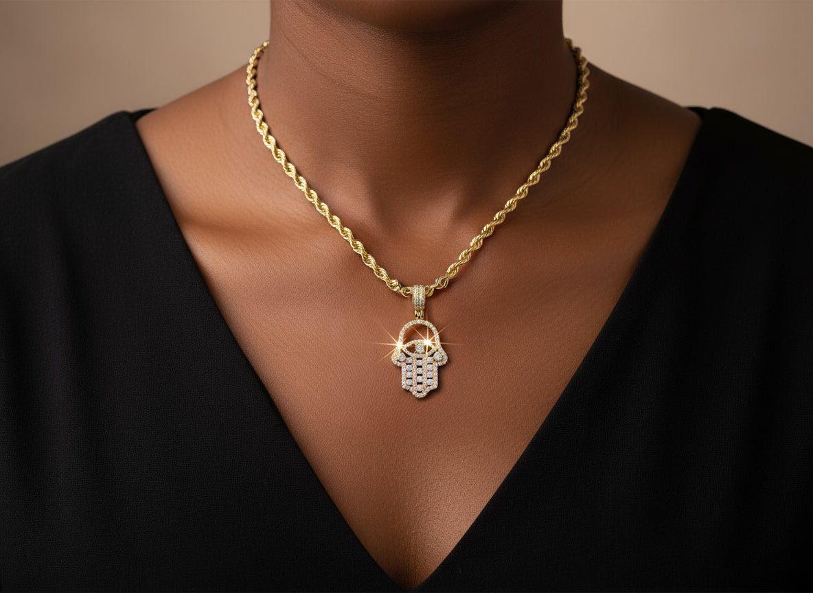 10k Gold Diamond Hamsa Hand Pendant with Round - Cut Accents 1.95ct - AVI THE JEWELER