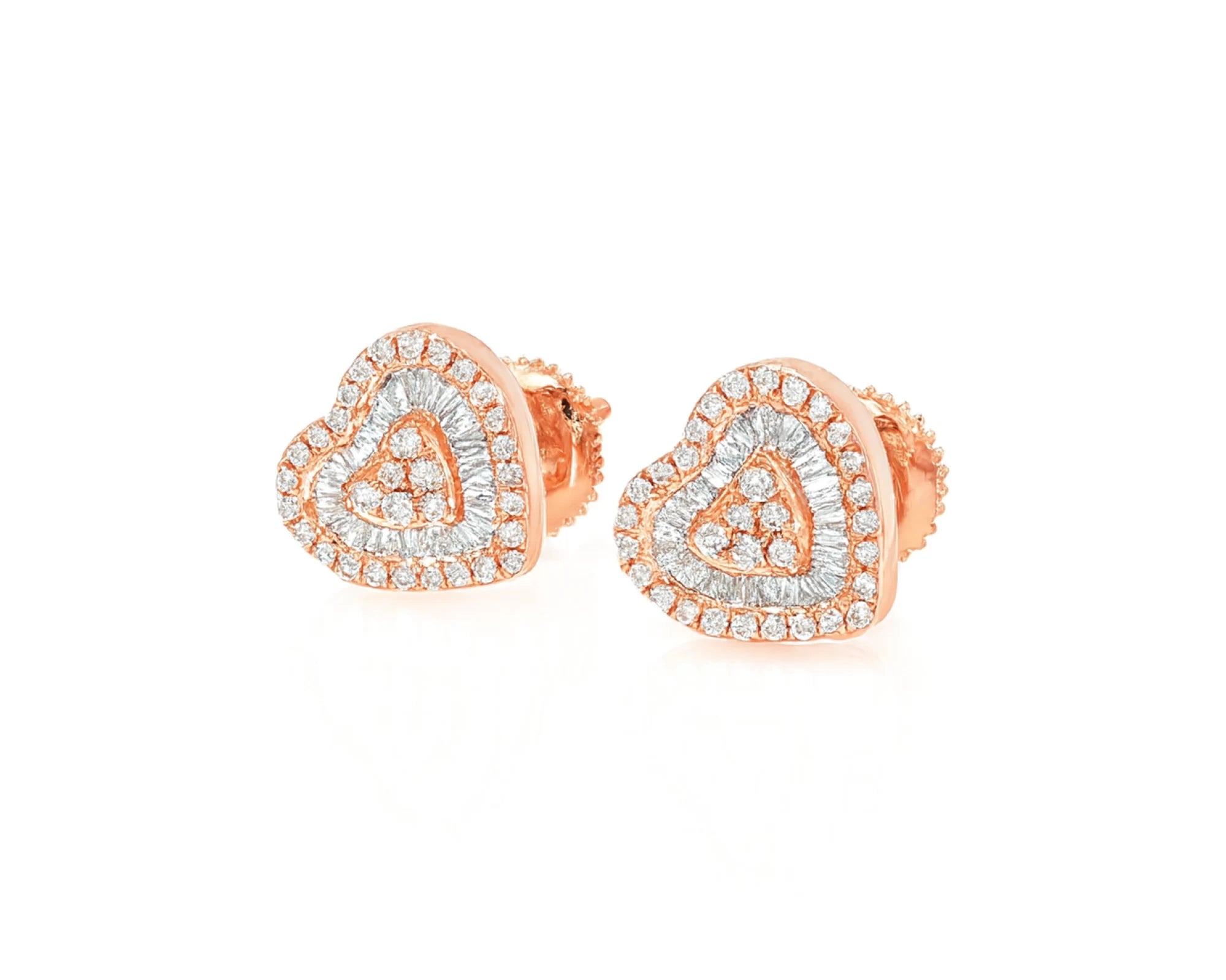 10k Gold Diamond Heart Earrings with Round & Baguette-Cut Double Halo Design 0.37ct – lifestyle 3814