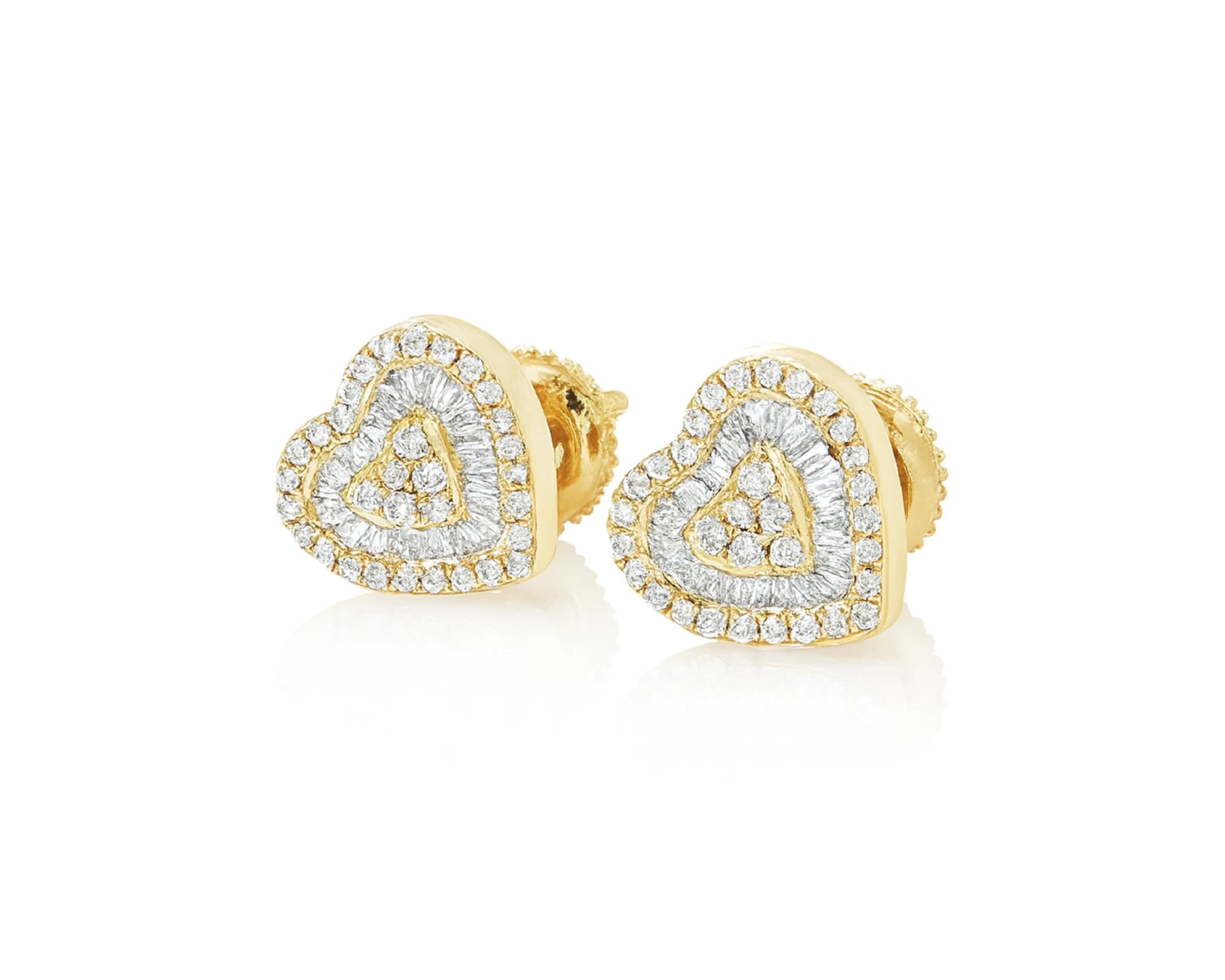 10k Gold Diamond Heart Earrings with Round & Baguette-Cut Double Halo Design 0.37ct – lifestyle 3817