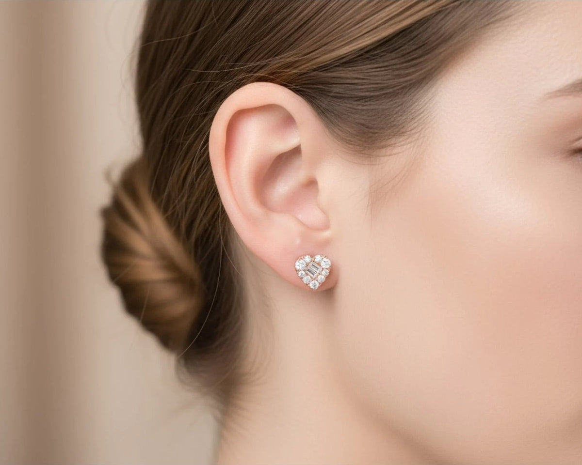 10k Gold Diamond Heart-Shaped Earrings with Round & Baguette Cluster Design 0.70ct – view 2