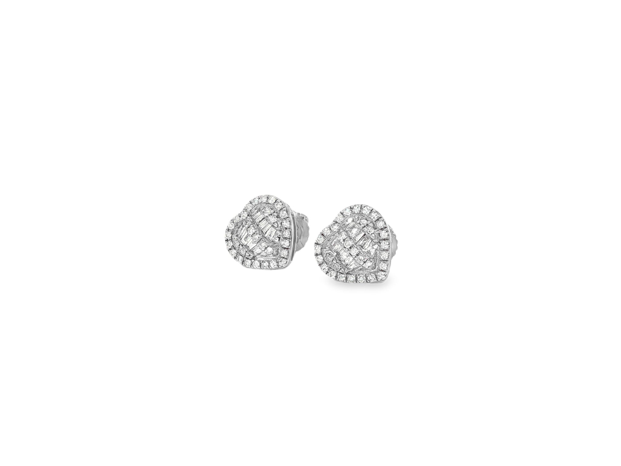 10k Gold Diamond Heart - Shaped Earrings with Round & Baguette - Cut Cluster Design 0.30ct - AVI THE JEWELER