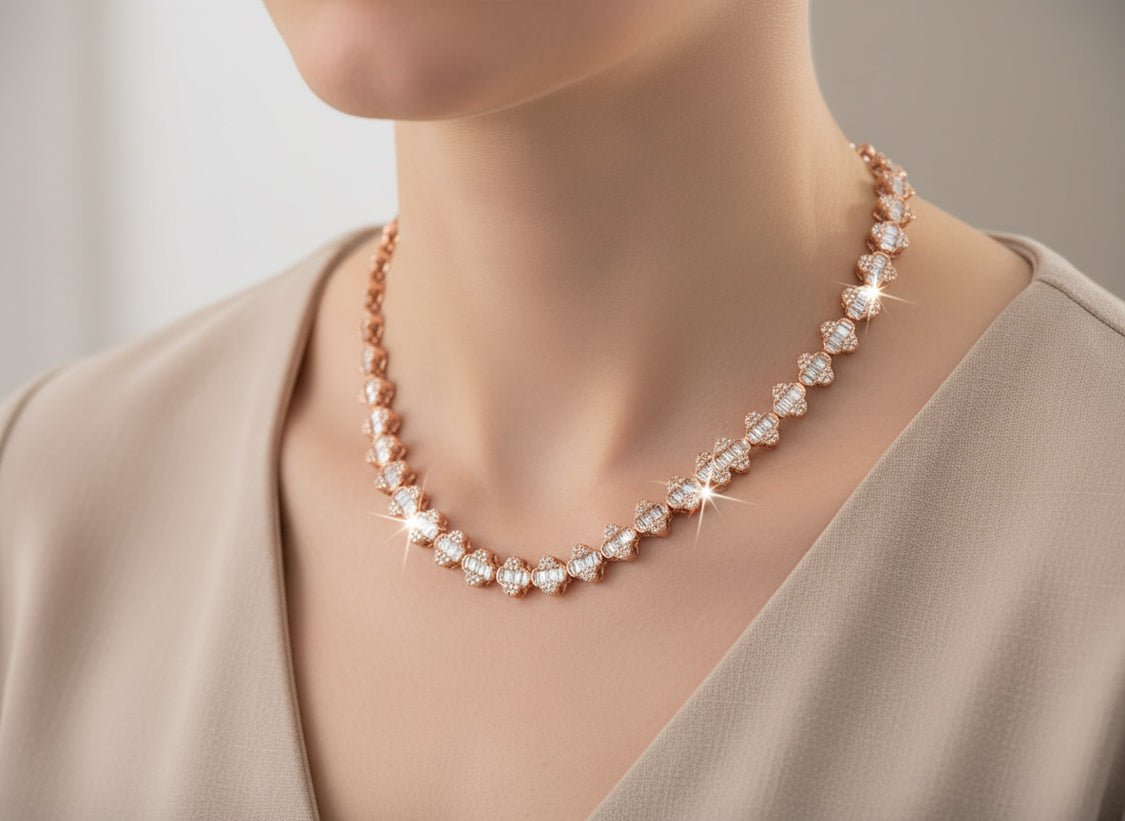 10k Gold Diamond Necklace with Baguette & Round - Cut Heart Motif Design 5.0ct - AVI THE JEWELER