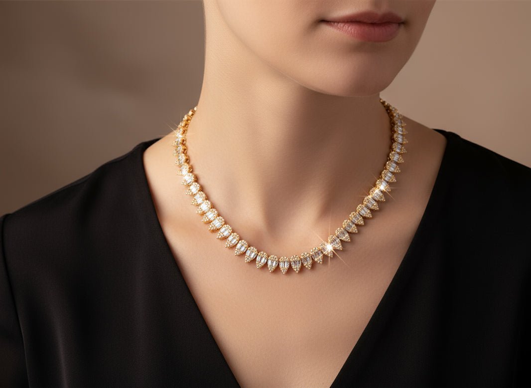 10k Gold Diamond Necklace with Pear - Shape Baguette & Round Cluster Design 5.45ct - AVI THE JEWELER