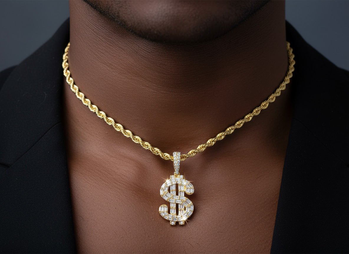 10k Gold Diamond Pendant with Dollar Sign & Baguette - Cut Detailing 0.85ct - AVI THE JEWELER