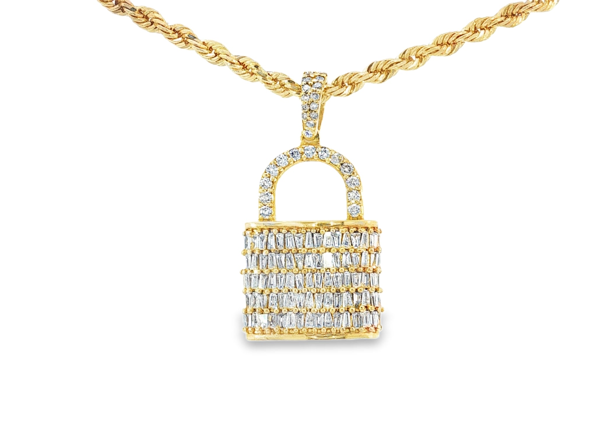 10k Gold Diamond Pendant with Lock Design Featuring Baguette & Round Accents 1.5ct - AVI THE JEWELER