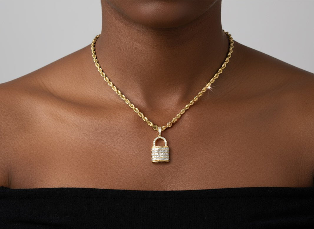 10k Gold Diamond Pendant with Lock Design Featuring Baguette & Round Accents 1.5ct - AVI THE JEWELER