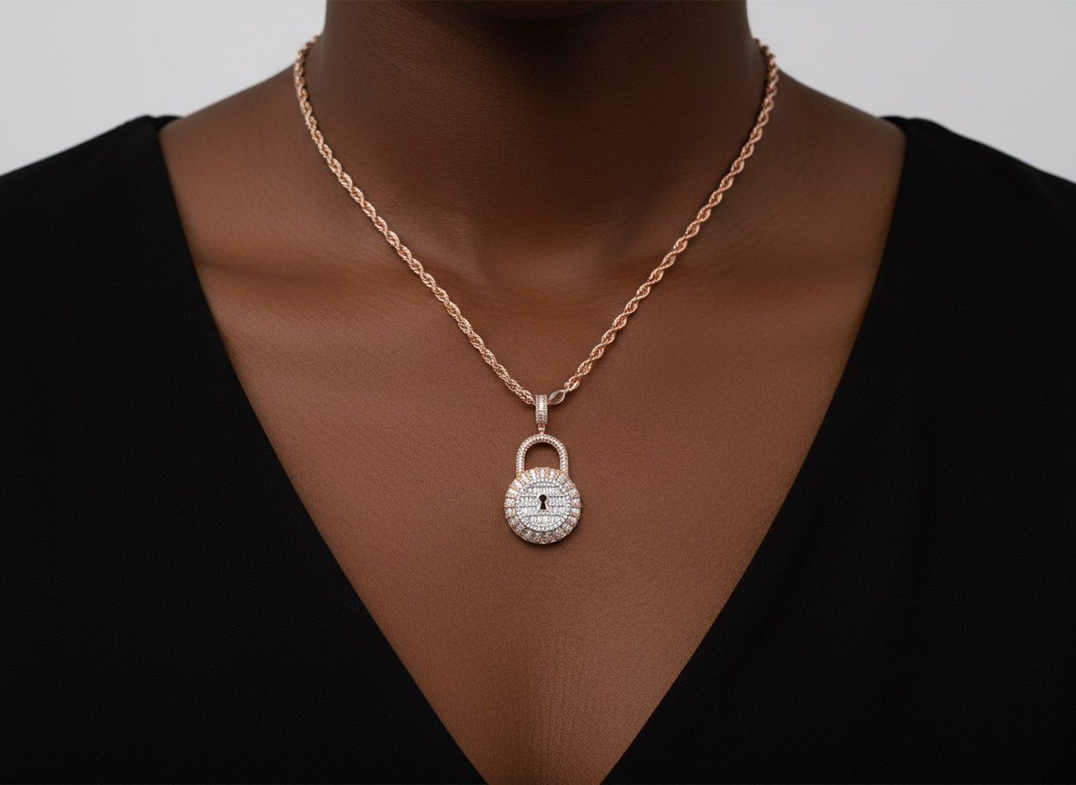 10k Gold Diamond Pendant with Round & Baguette Lock Design 1.75ct - AVI THE JEWELER