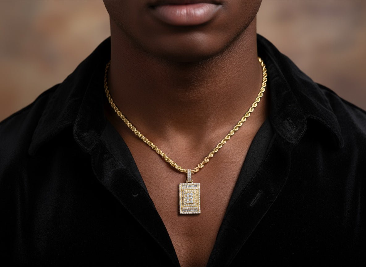 10k Gold Diamond Rectangular Pendant with Baguette & Round Accents 4.0ct - AVI THE JEWELER