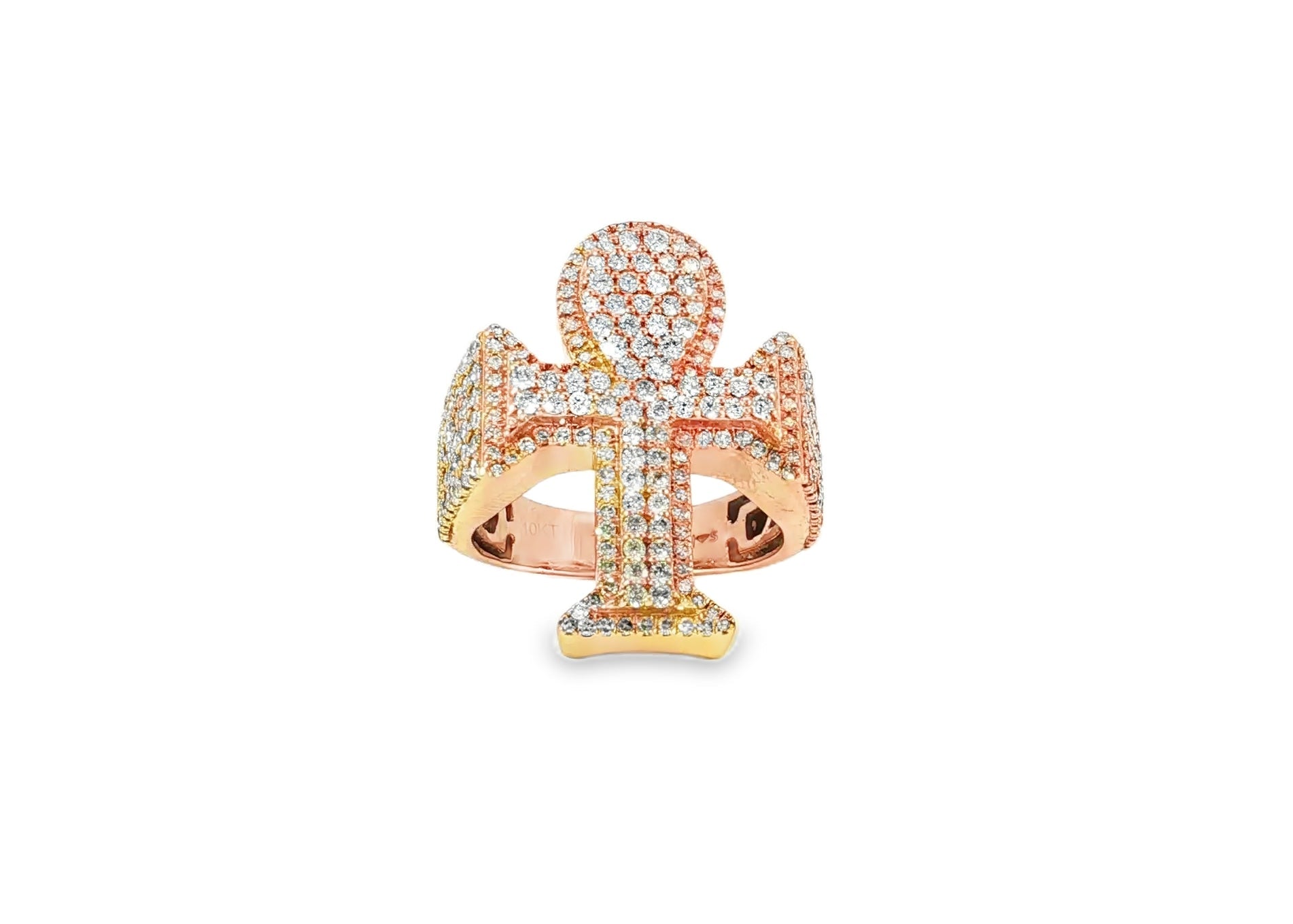 10k Rose Gold Ankh Cross Diamond Ring with Full Round Cut 2.50ct - AVI THE JEWELER