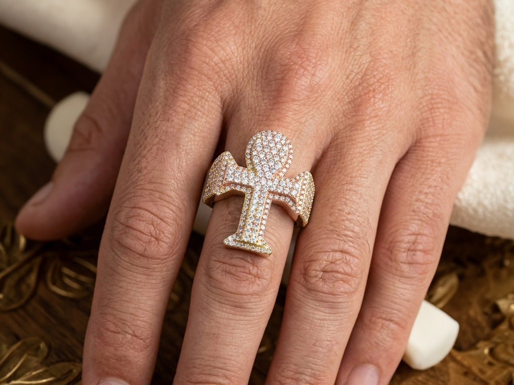 10k Rose Gold Ankh Cross Diamond Ring with Full Round Cut 2.50ct
