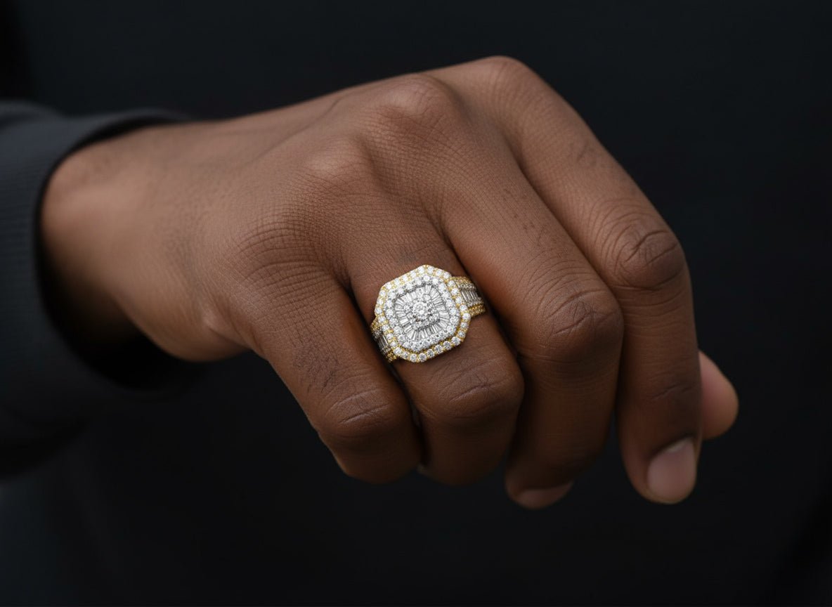 10K Two - Tone Gold Men's Octagon Ring with Baguette Accents 1.35ct - AVI THE JEWELER