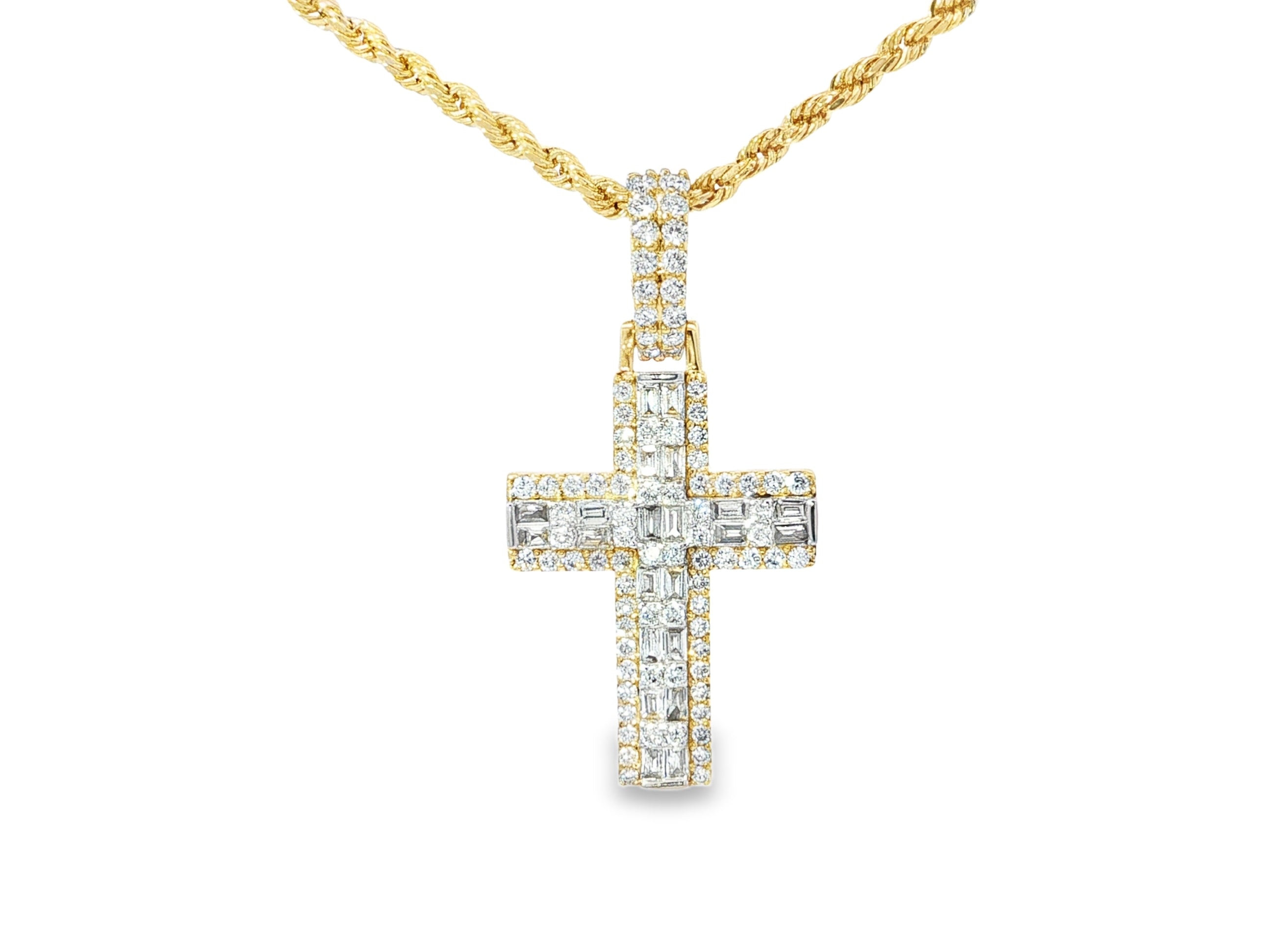 10k Gold Diamond Cross Pendant with Baguette Core 1.30ct